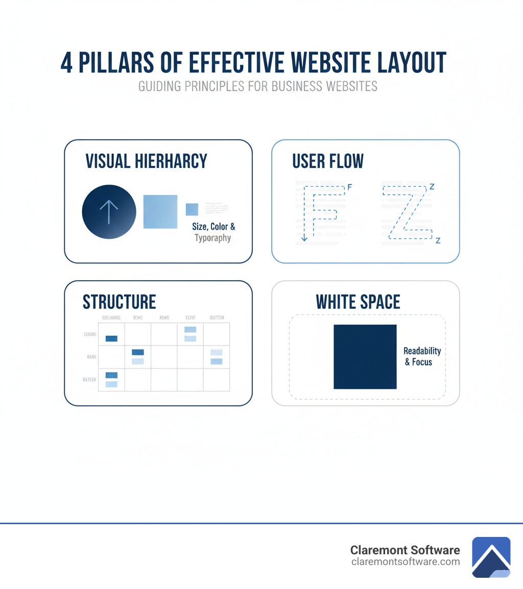 Infographic showing the 4 pillars of an effective business website layout: Visual Hierarchy using size, color, and typography to guide attention; User Flow following natural reading patterns like F-pattern and Z-pattern; Structure using grid systems with columns, rows, and gutters for organization; and White Space creating breathing room between elements to improve readability and focus attention on key content - business website layout infographic 