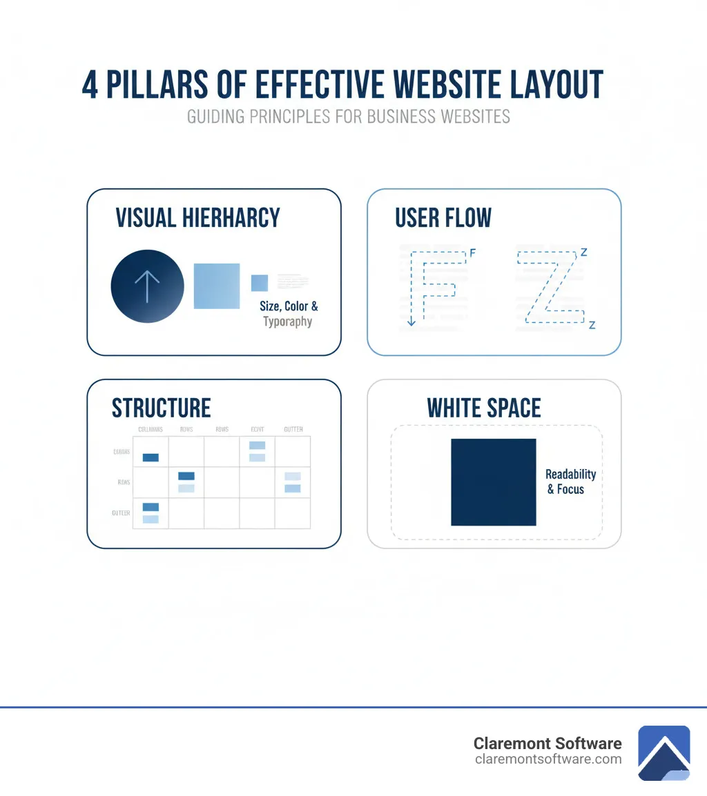 Infographic showing the 4 pillars of an effective business website layout: Visual Hierarchy using size, color, and typography to guide attention; User Flow following natural reading patterns like F-pattern and Z-pattern; Structure using grid systems with columns, rows, and gutters for organization; and White Space creating breathing room between elements to improve readability and focus attention on key content - business website layout infographic 