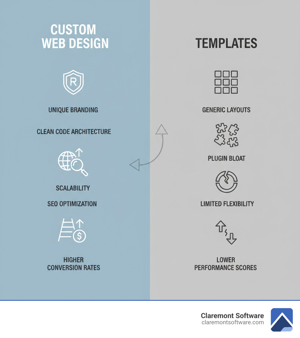 Infographic comparing custom web design vs templates: Custom design shows unique branding, clean code architecture, SEO optimization, scalability, and higher conversion rates. Templates show generic layouts, plugin bloat, limited flexibility, and lower performance scores. - custom web design company infographic 