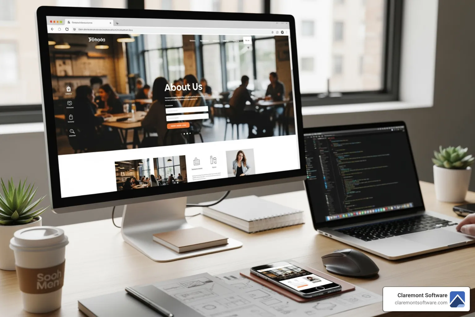 A website displayed across a desktop, tablet, and smartphone screen. - Startup website development A website displayed across a desktop, tablet, and smartphone screen. - Startup website development