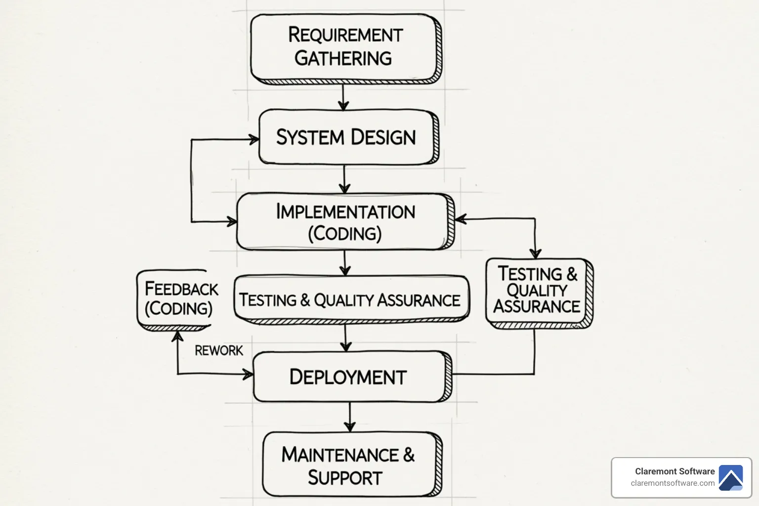 flowchart showing the six stages of the development process from planning to deployment - custom web application development