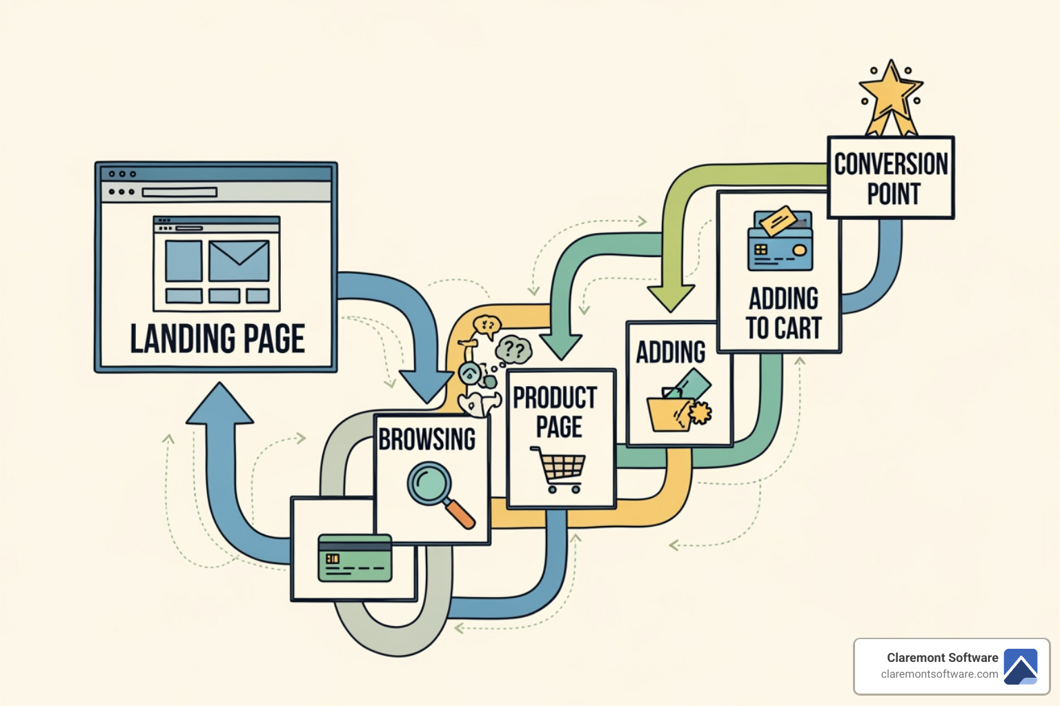 Image showing a user journey map on a website, from landing page to conversion, illustrating how design and content guide users through the sales funnel. - website redesign ROI