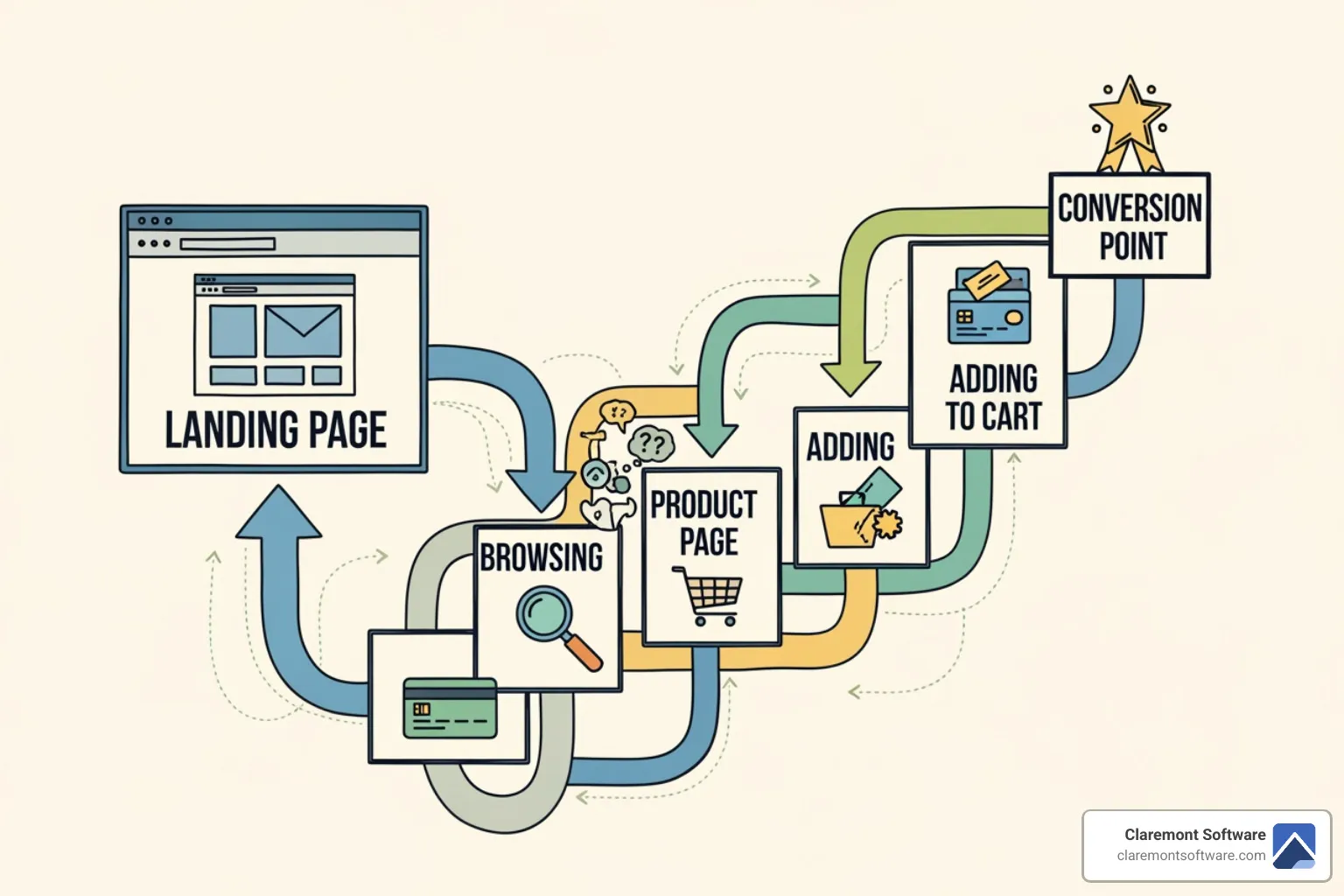 Image showing a user journey map on a website, from landing page to conversion, illustrating how design and content guide users through the sales funnel. - website redesign ROI