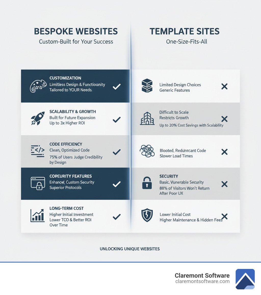 infographic comparing bespoke websites versus template sites showing differences in customization level, scalability potential, code efficiency, security features, and long-term cost implications with statistics on performance and ROI - bespoke web developer infographic infographic comparing bespoke websites versus template sites showing differences in customization level, scalability potential, code efficiency, security features, and long-term cost implications with statistics on performance and ROI - bespoke web developer infographic
