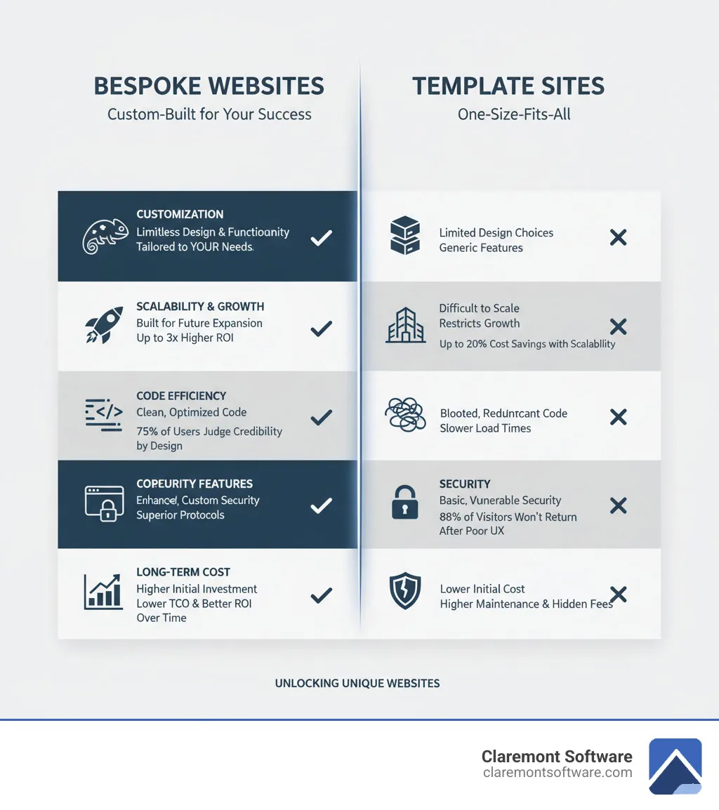 infographic comparing bespoke websites versus template sites showing differences in customization level, scalability potential, code efficiency, security features, and long-term cost implications with statistics on performance and ROI - bespoke web developer infographic 