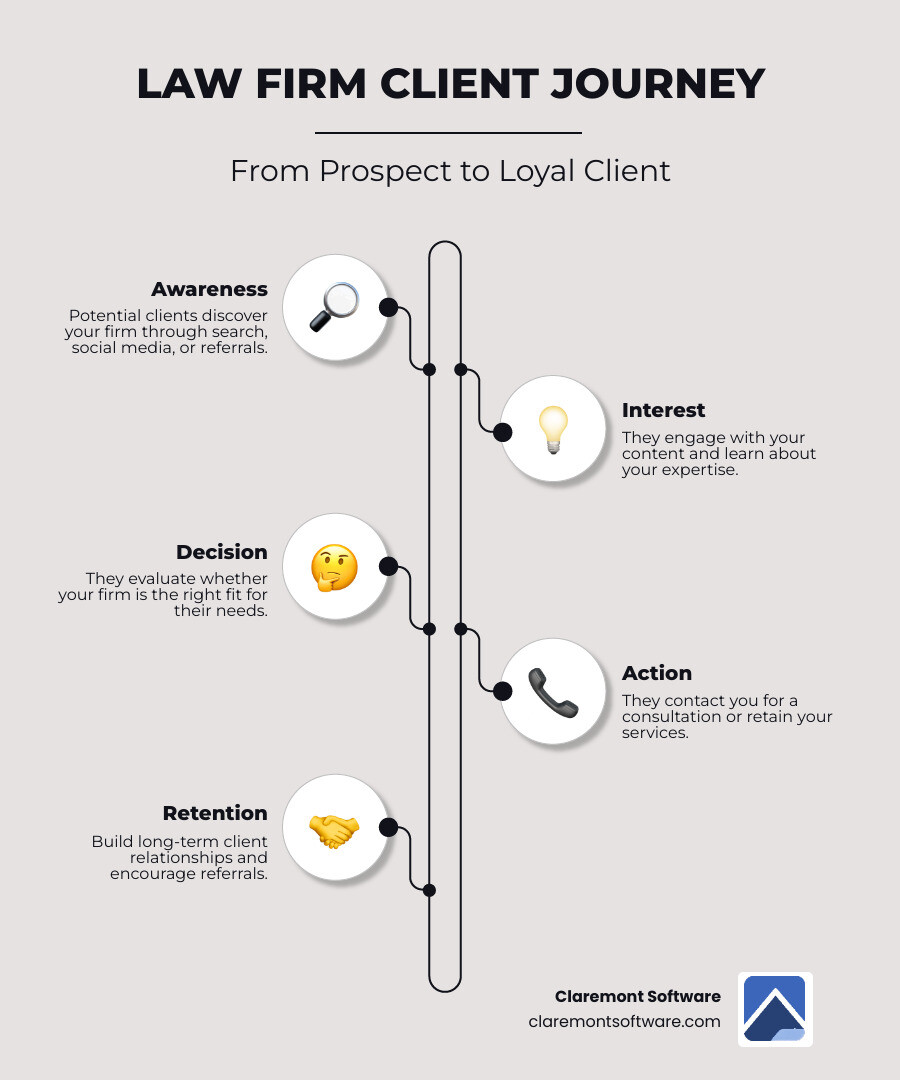 infographic showing the four-stage sales funnel for law firms: Awareness stage with search and social media icons, Interest stage with content and engagement symbols, Decision stage with evaluation criteria, and Action stage with contact forms and consultation booking - how lawyers get more website leads infographic infographic-line-5-steps-elegant_beige infographic showing the four-stage sales funnel for law firms: Awareness stage with search and social media icons, Interest stage with content and engagement symbols, Decision stage with evaluation criteria, and Action stage with contact forms and consultation booking - how lawyers get more website leads infographic infographic-line-5-steps-elegant_beige