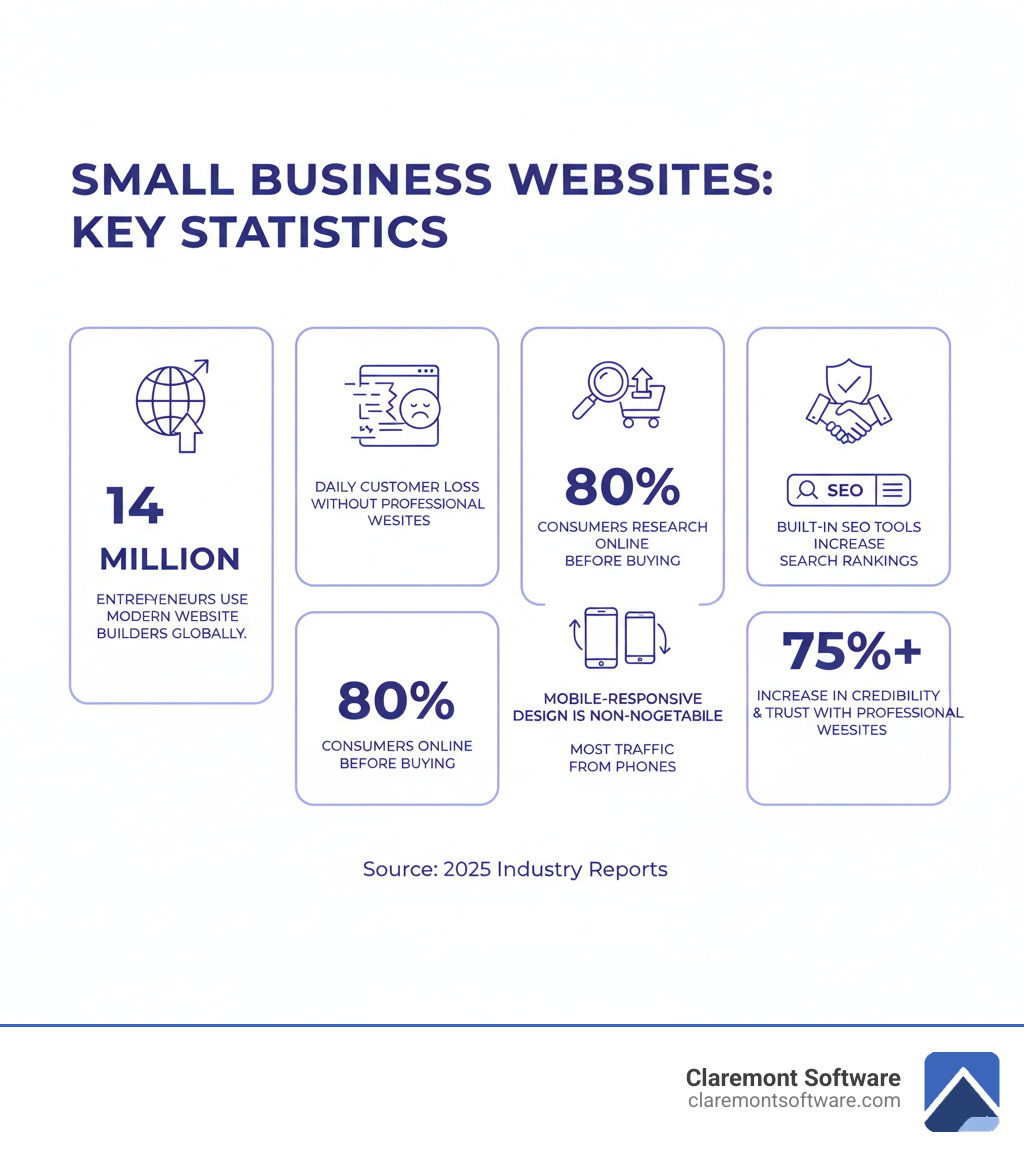 Infographic showing key statistics: 14 million entrepreneurs use modern website builders worldwide, businesses lose customers daily without professional websites, 80% of consumers research online before buying, websites with built-in SEO tools rank higher in search results, mobile-responsive design is non-negotiable as most traffic comes from phones, and professional websites increase credibility and trust by over 75% - Website solutions for small business infographic Infographic showing key statistics: 14 million entrepreneurs use modern website builders worldwide, businesses lose customers daily without professional websites, 80% of consumers research online before buying, websites with built-in SEO tools rank higher in search results, mobile-responsive design is non-negotiable as most traffic comes from phones, and professional websites increase credibility and trust by over 75% - Website solutions for small business infographic