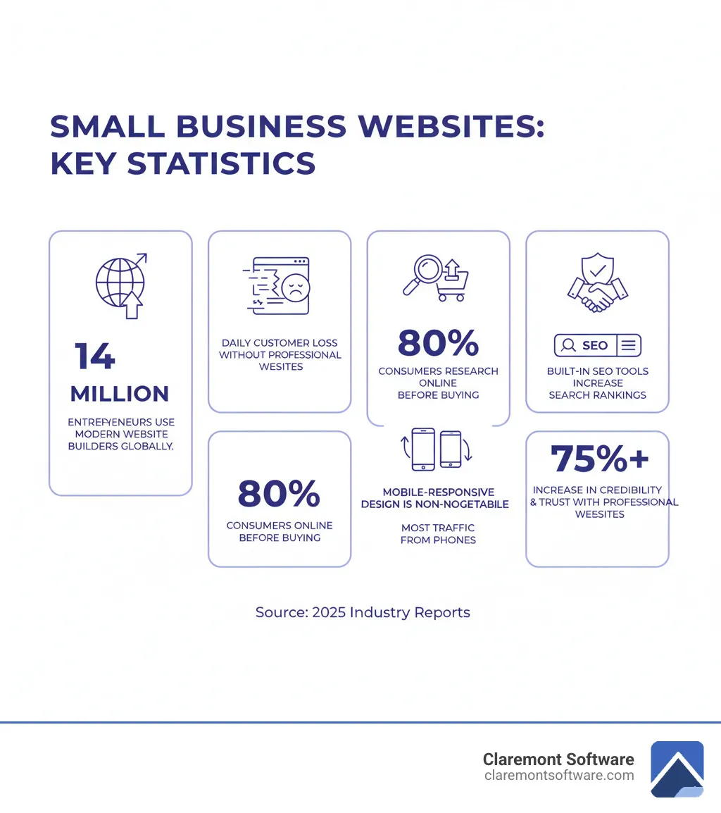 Infographic showing key statistics: 14 million entrepreneurs use modern website builders worldwide, businesses lose customers daily without professional websites, 80% of consumers research online before buying, websites with built-in SEO tools rank higher in search results, mobile-responsive design is non-negotiable as most traffic comes from phones, and professional websites increase credibility and trust by over 75% - Website solutions for small business infographic Infographic showing key statistics: 14 million entrepreneurs use modern website builders worldwide, businesses lose customers daily without professional websites, 80% of consumers research online before buying, websites with built-in SEO tools rank higher in search results, mobile-responsive design is non-negotiable as most traffic comes from phones, and professional websites increase credibility and trust by over 75% - Website solutions for small business infographic