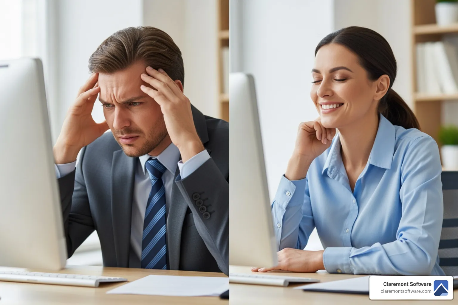 business owner looking stressed at a computer vs. relaxed - website care plans