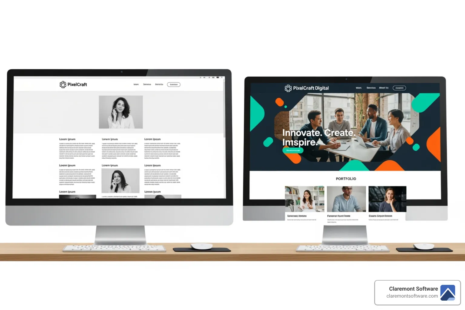 side-by-side comparison of a generic template vs. a custom design that reflects a strong brand - custom websites for small businesses