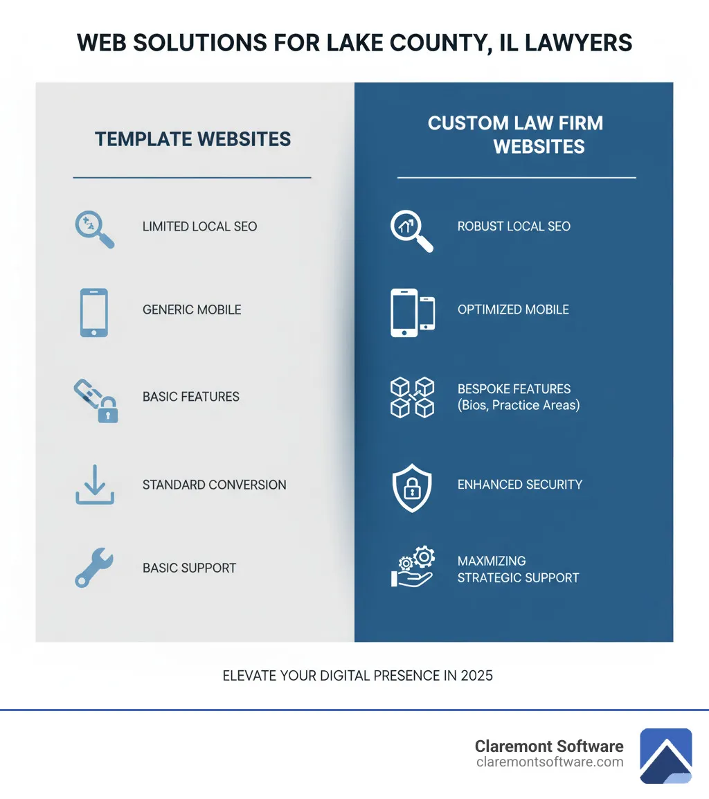 infographic comparing template websites versus custom-built law firm websites showing differences in local SEO capabilities, mobile optimization, custom features like attorney bios and practice area pages, security compliance, conversion optimization, and ongoing support - custom websites for lawyers in lake county, IL infographic infographic comparing template websites versus custom-built law firm websites showing differences in local SEO capabilities, mobile optimization, custom features like attorney bios and practice area pages, security compliance, conversion optimization, and ongoing support - custom websites for lawyers in lake county, IL infographic