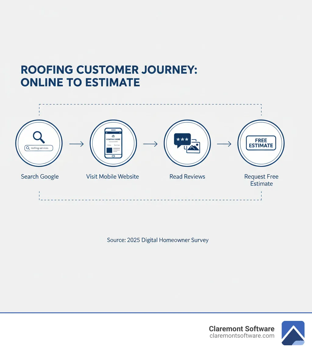 infographic showing the customer journey from searching for roofing services on Google, to visiting a company website on mobile, reading reviews, viewing project photos, and finally clicking to request a free estimate - roofing company website design infographic infographic showing the customer journey from searching for roofing services on Google, to visiting a company website on mobile, reading reviews, viewing project photos, and finally clicking to request a free estimate - roofing company website design infographic