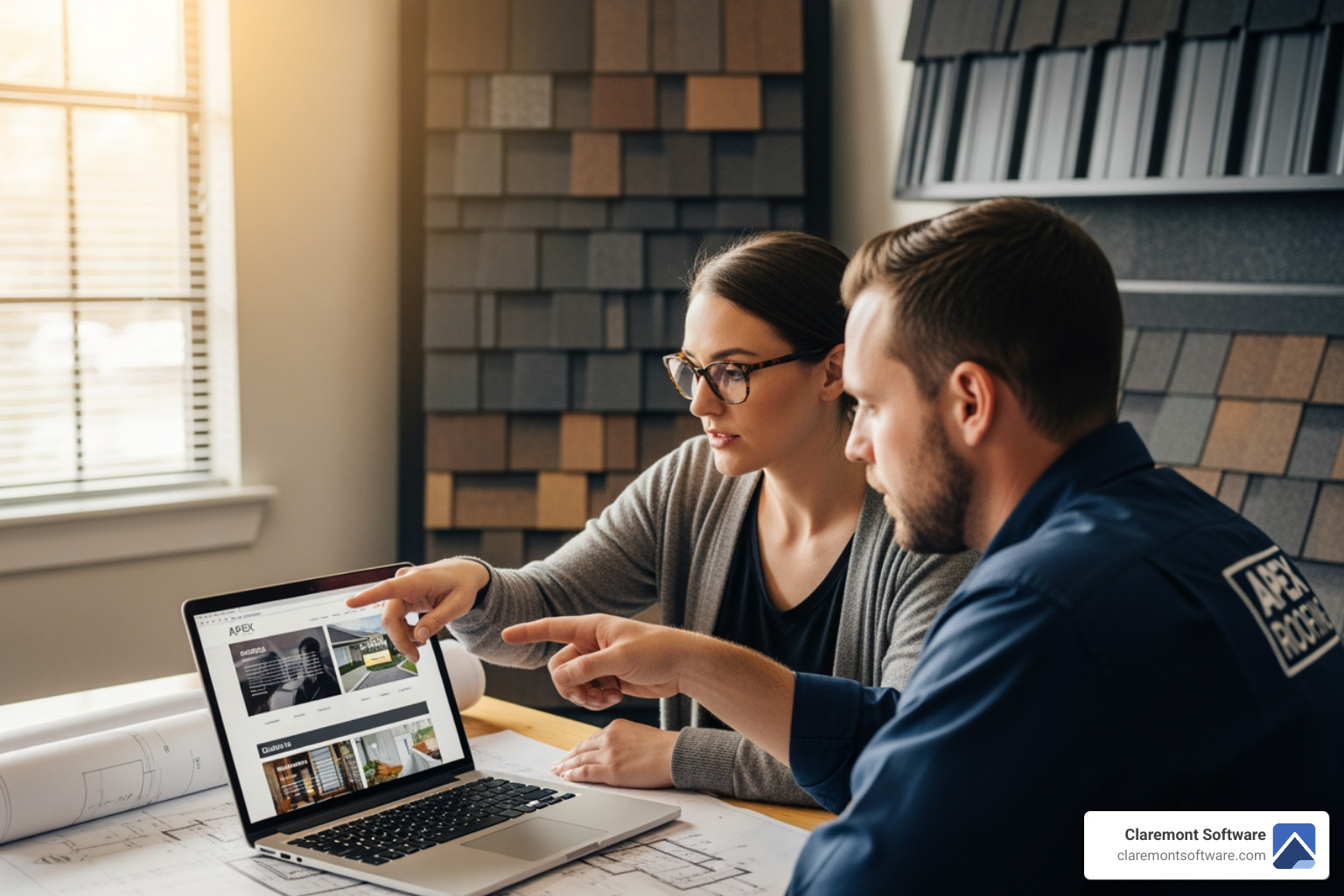 A web designer and a roofing contractor collaborating on a laptop, reviewing website mockups and discussing design elements, with blueprints and roofing samples in the background. - websites for roofers