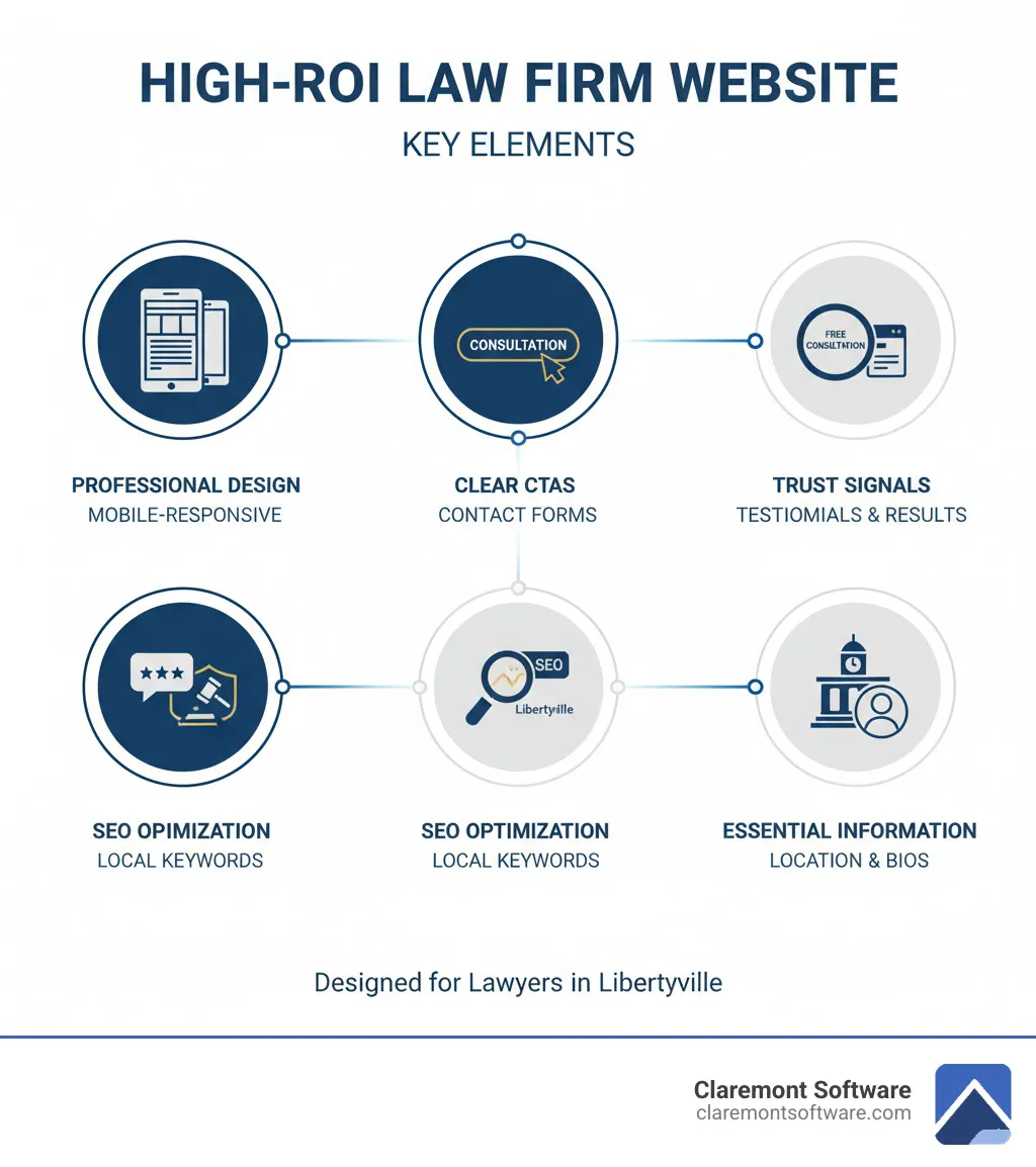 Infographic showing the key elements of a high-ROI law firm website: Professional Design with mobile-responsive layout, Clear CTAs including free consultation buttons and contact forms, Trust Signals featuring client testimonials and case results, SEO with local keywords and practice area pages, and Essential Information like office location and attorney bios - websites built for lawyers in Libertyville infographic 