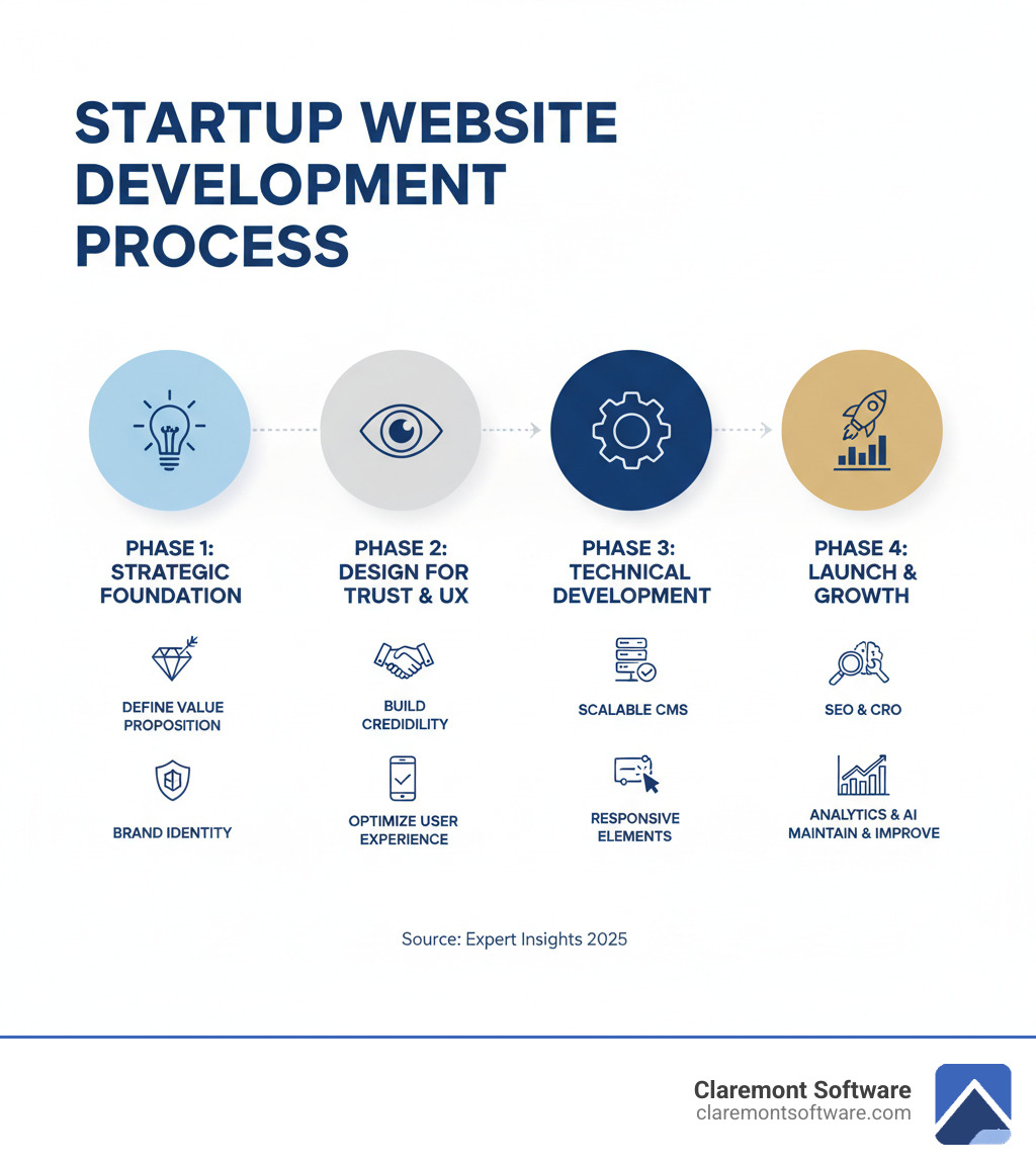 Infographic showing the startup website development process: Phase 1 - Strategic Foundation (define value proposition, target audience, brand identity), Phase 2 - Design for Trust and UX (build credibility with social proof, optimize user experience, ensure mobile-first design), Phase 3 - Technical Development (choose scalable CMS, implement responsive design, add interactive elements), Phase 4 - Launch and Growth (implement SEO and CRO, leverage analytics and AI, maintain and continuously improve) - Startup website development infographic Infographic showing the startup website development process: Phase 1 - Strategic Foundation (define value proposition, target audience, brand identity), Phase 2 - Design for Trust and UX (build credibility with social proof, optimize user experience, ensure mobile-first design), Phase 3 - Technical Development (choose scalable CMS, implement responsive design, add interactive elements), Phase 4 - Launch and Growth (implement SEO and CRO, leverage analytics and AI, maintain and continuously improve) - Startup website development infographic