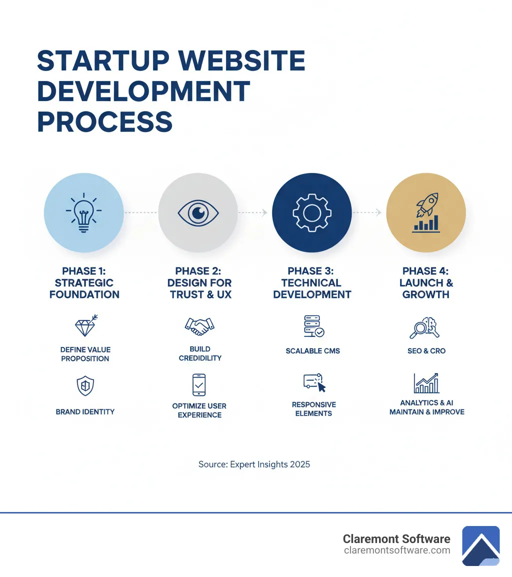 Infographic showing the startup website development process: Phase 1 - Strategic Foundation (define value proposition, target audience, brand identity), Phase 2 - Design for Trust and UX (build credibility with social proof, optimize user experience, ensure mobile-first design), Phase 3 - Technical Development (choose scalable CMS, implement responsive design, add interactive elements), Phase 4 - Launch and Growth (implement SEO and CRO, leverage analytics and AI, maintain and continuously improve) - Startup website development infographic Infographic showing the startup website development process: Phase 1 - Strategic Foundation (define value proposition, target audience, brand identity), Phase 2 - Design for Trust and UX (build credibility with social proof, optimize user experience, ensure mobile-first design), Phase 3 - Technical Development (choose scalable CMS, implement responsive design, add interactive elements), Phase 4 - Launch and Growth (implement SEO and CRO, leverage analytics and AI, maintain and continuously improve) - Startup website development infographic