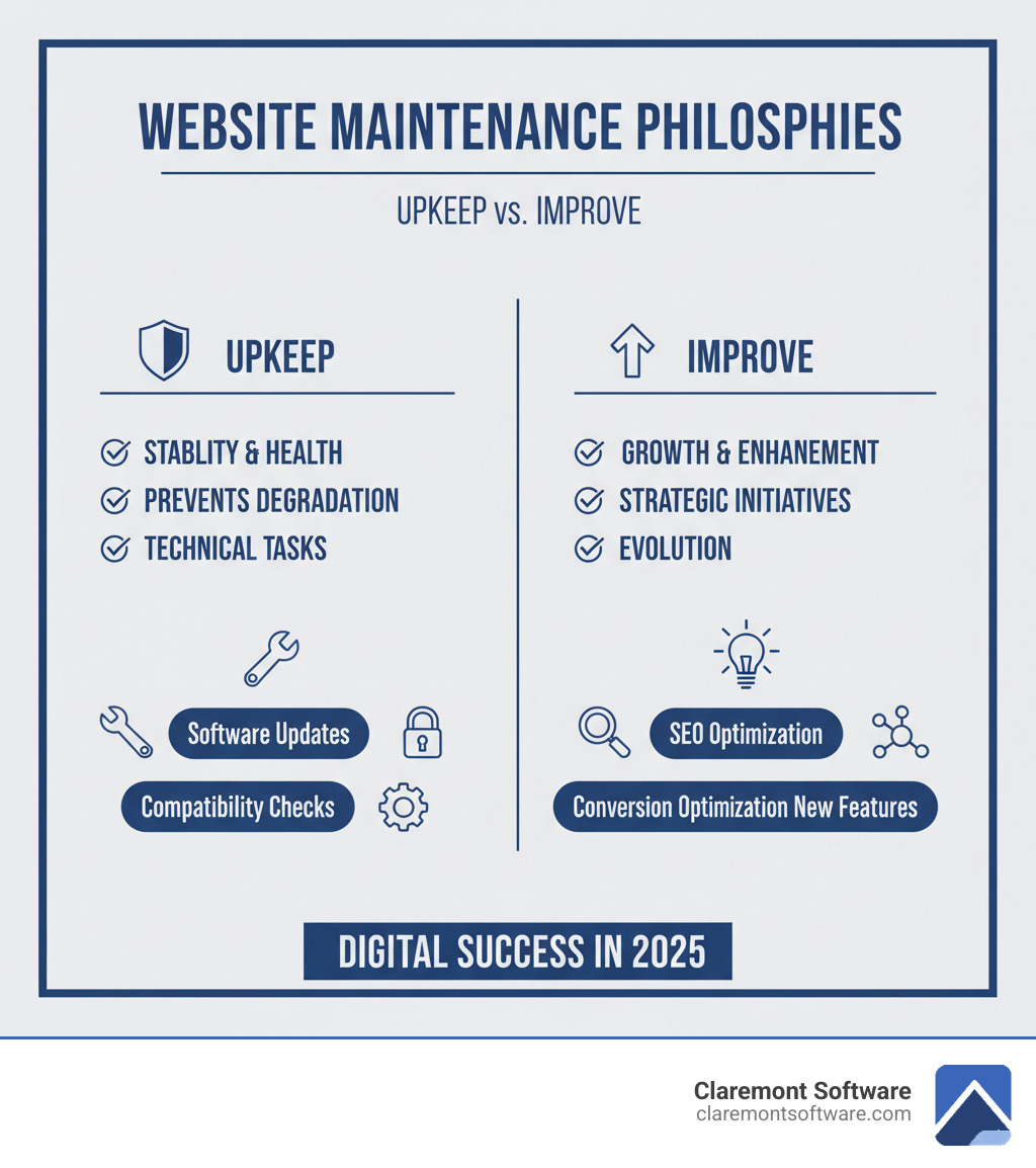 Table comparing Upkeep vs. Improve plans: Upkeep focuses on stability, health, and preventing degradation with technical tasks, while Improve focuses on growth, enhancement, and strategic initiatives like SEO and conversion optimization. - monthly website maintenance packages infographic Table comparing Upkeep vs. Improve plans: Upkeep focuses on stability, health, and preventing degradation with technical tasks, while Improve focuses on growth, enhancement, and strategic initiatives like SEO and conversion optimization. - monthly website maintenance packages infographic