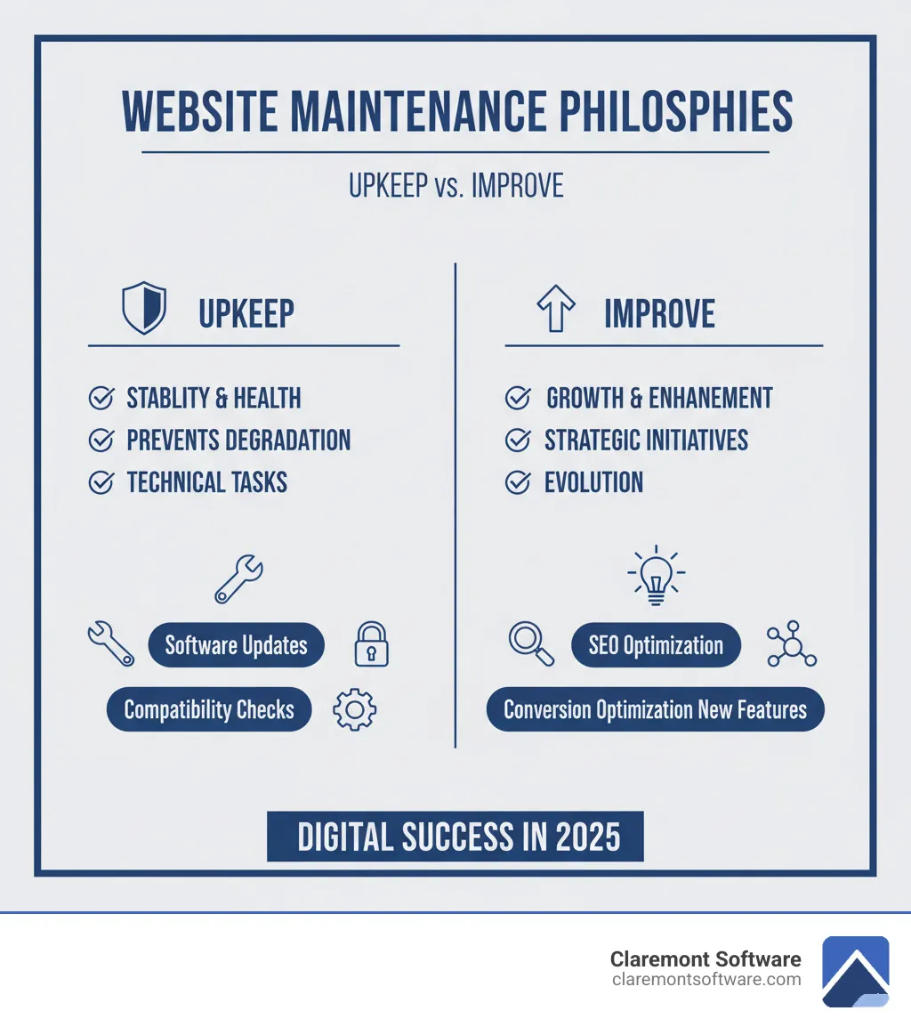 Table comparing Upkeep vs. Improve plans: Upkeep focuses on stability, health, and preventing degradation with technical tasks, while Improve focuses on growth, enhancement, and strategic initiatives like SEO and conversion optimization. - monthly website maintenance packages infographic Table comparing Upkeep vs. Improve plans: Upkeep focuses on stability, health, and preventing degradation with technical tasks, while Improve focuses on growth, enhancement, and strategic initiatives like SEO and conversion optimization. - monthly website maintenance packages infographic
