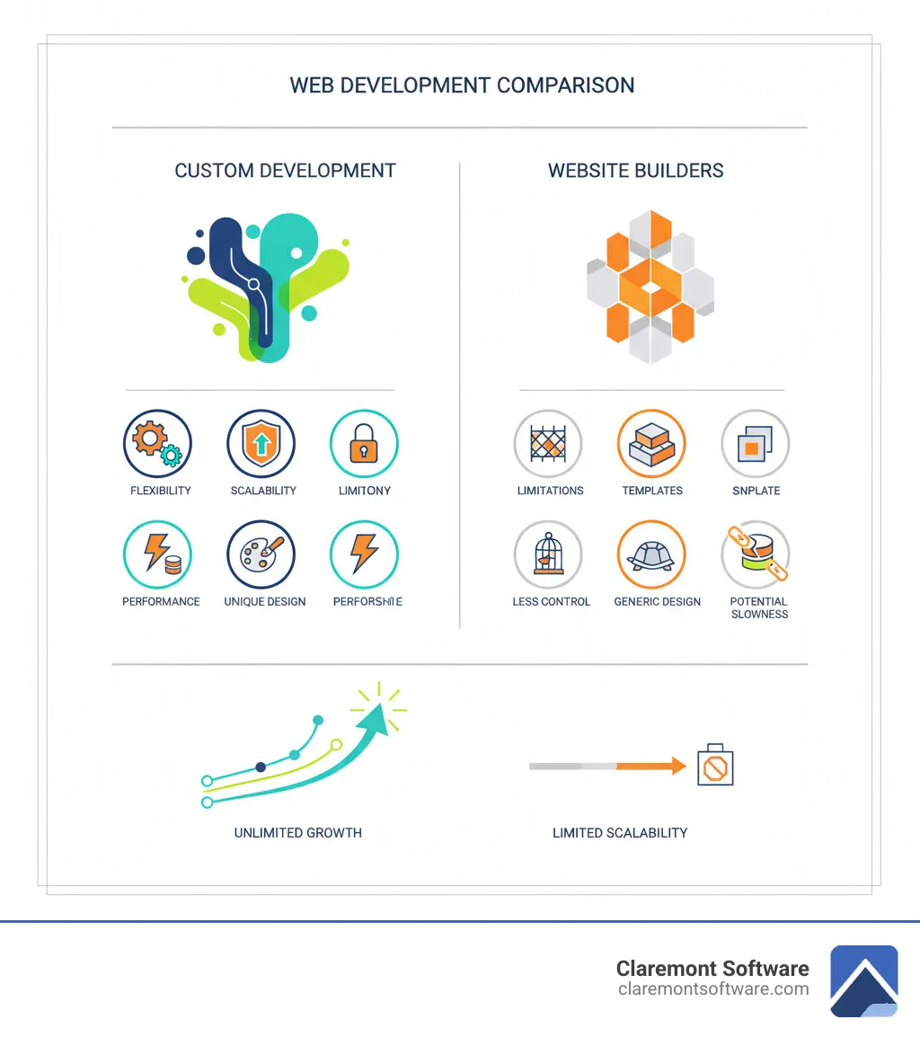 Comparison table of custom web development vs website builders - custom web development infographic Comparison table of custom web development vs website builders - custom web development infographic