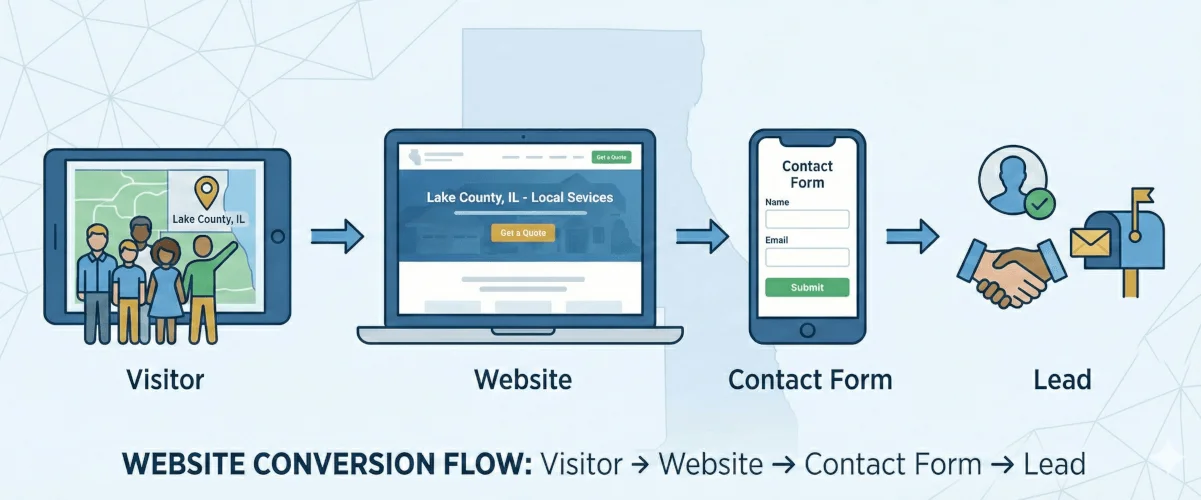 Website conversion flow: Visitor discovers your site, engages with content, fills contact form, becomes a qualified lead
