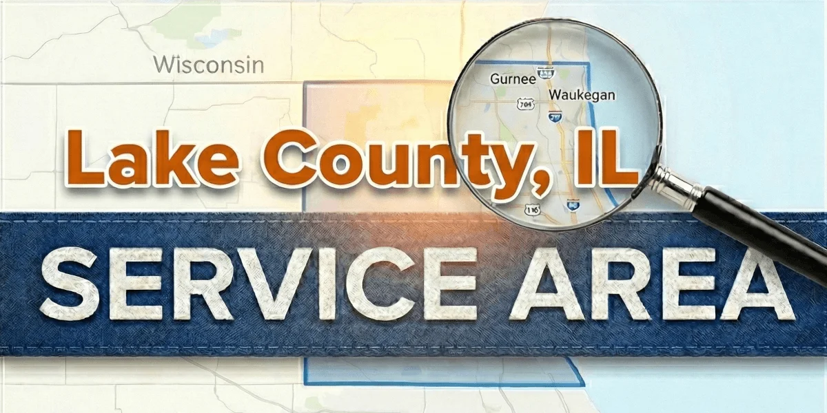 Lake County IL Service Area Map showing Waukegan, Libertyville, Gurnee, Grayslake, and surrounding cities
