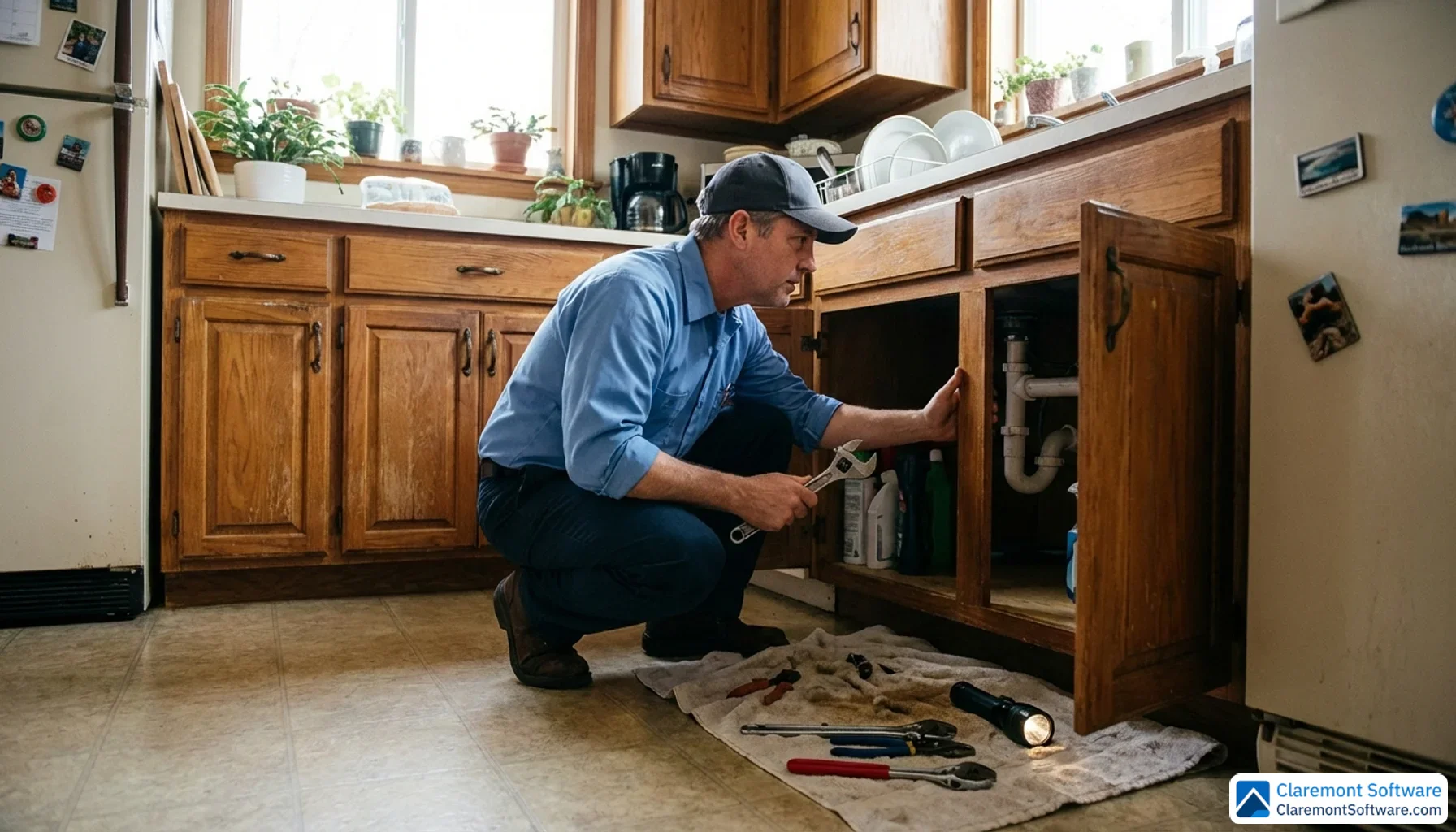 A professional plumber in a clean uniform crouches beneath a kitchen sink, tools neatly arranged on a towel beside him, with natural light streaming through a window above. Shot from a low angle, the image conveys competence and trustworthiness in a realistic, lived-in kitchen setting.