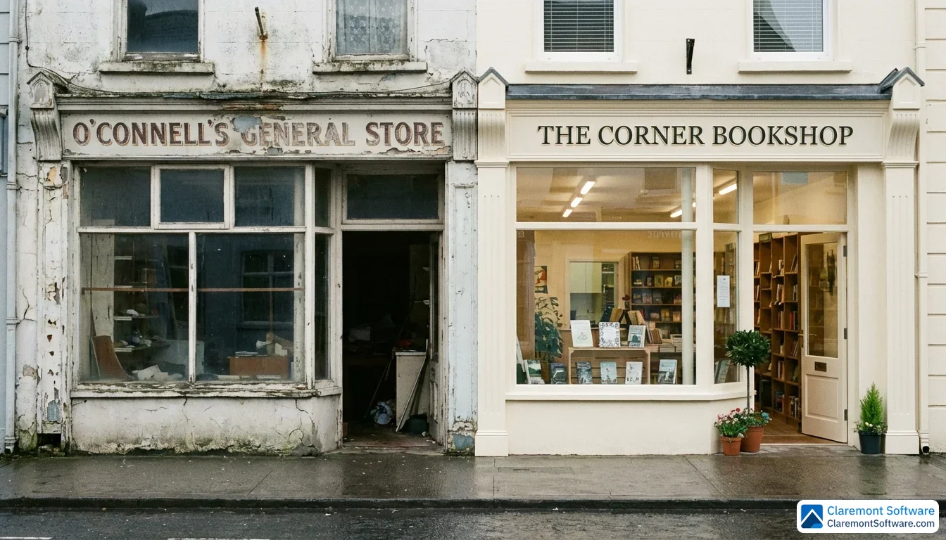 Two neighboring storefronts on a quiet street side by side, one with a faded peeling sign and dim windows appearing neglected, the other freshly painted with bright lighting and a welcoming entrance. The soft overcast lighting highlights the stark contrast between the two businesses in a straightforward, undramatic way.