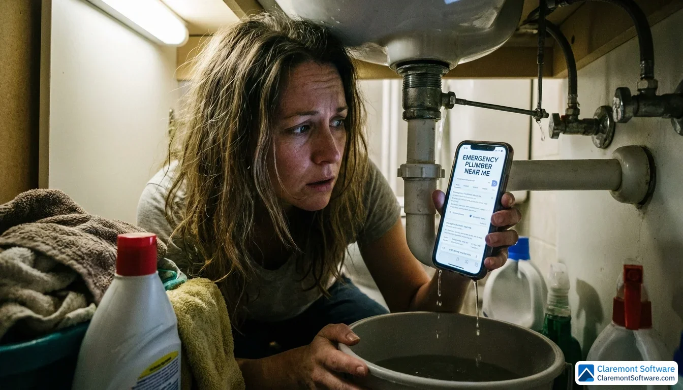A woman in her 30s kneels under a bathroom sink, phone in hand, searching for help as water drips from a leaking pipe above her. Her expression is focused and urgent, lit by the overhead bathroom light, capturing a real moment of needing a solution fast.