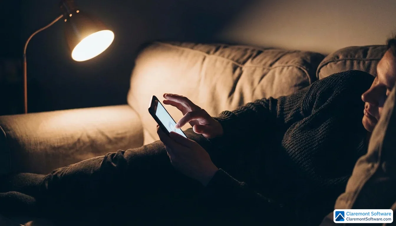 A person sits alone on a couch at night, their face softly lit by a glowing phone screen and warm lamplight, thumb poised over the screen as if about to make a call.