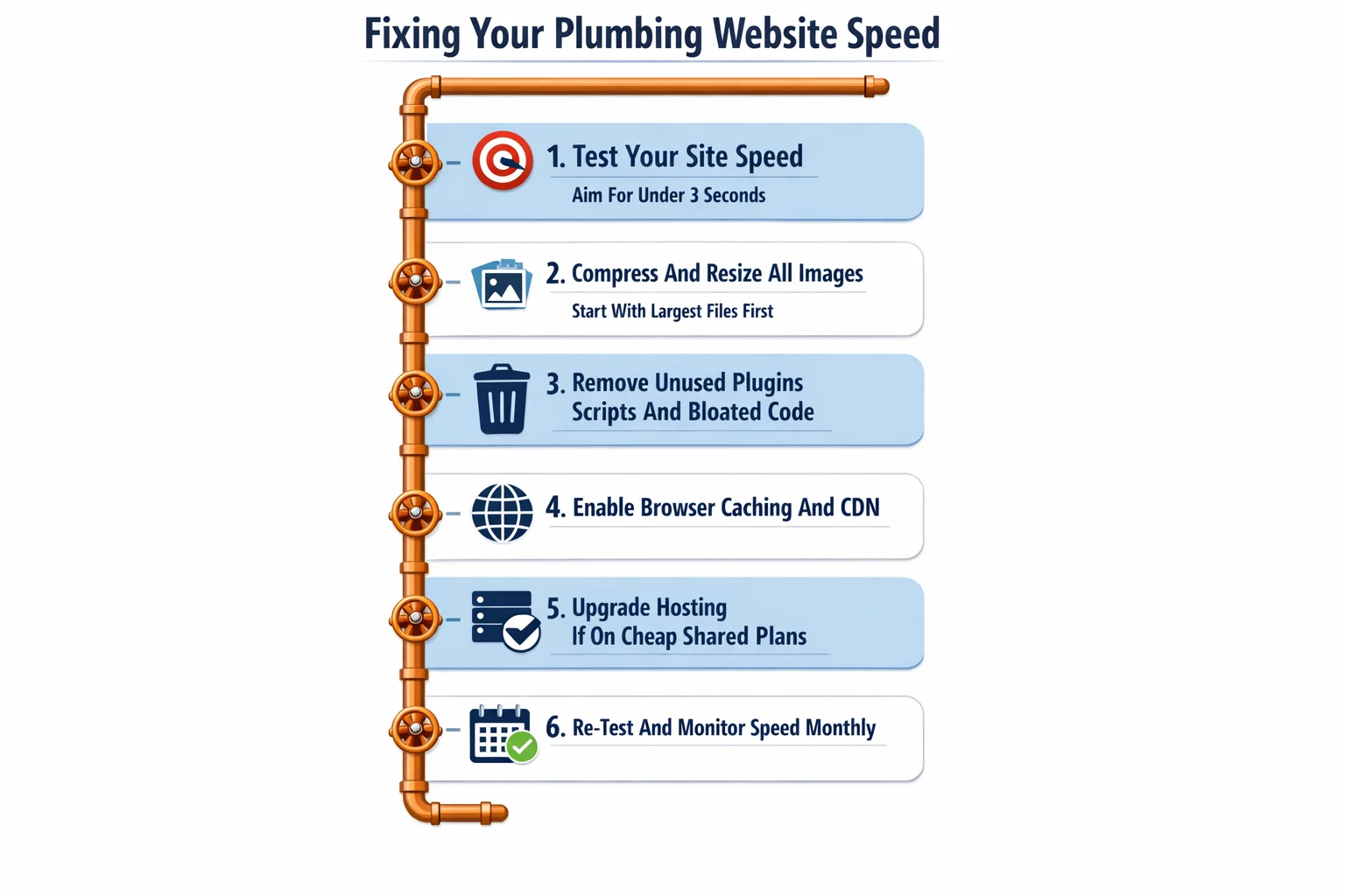 A step-by-step process diagram illustrating how to diagnose and fix slow plumbing website load times, progressing through stages such as testing current speed, identifying bottlenecks like unoptimized images and bloated code, implementing fixes, and measuring the resulting improvement in conversion rates. The infographic emphasizes the direct link between faster page speeds and higher customer conversions for plumbing businesses.