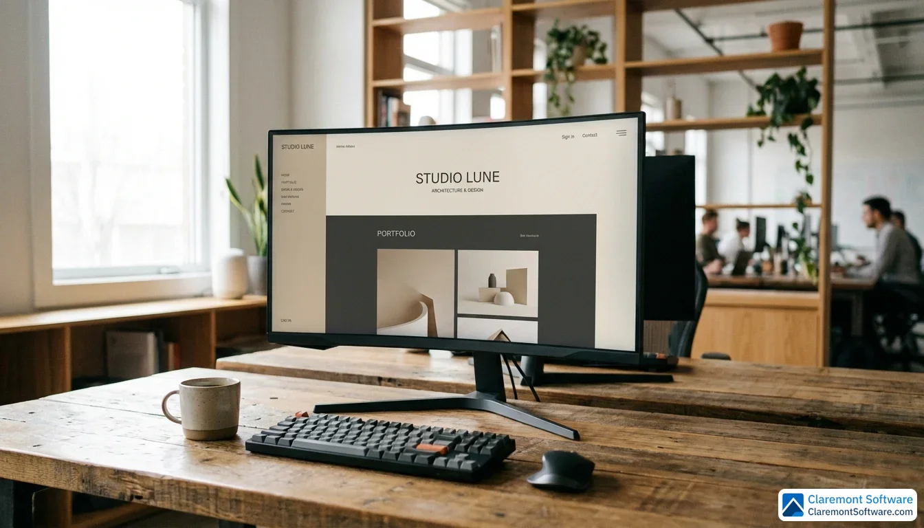 A modern open-plan office desk with a large monitor displaying a clean, minimal professional website, softly lit by natural window light from the side, with a cup of coffee beside the keyboard and a warm, neutral-toned background in shallow focus.