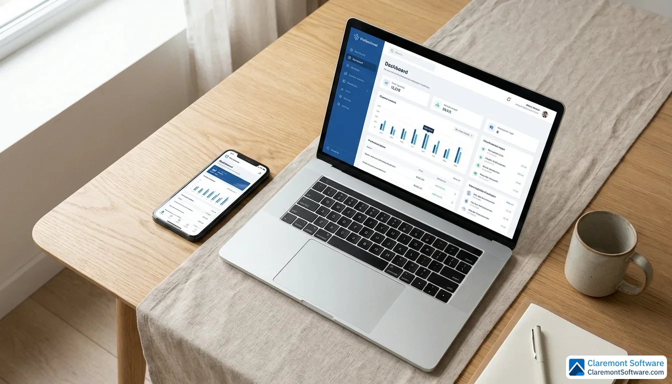 A smartphone and laptop displayed side by side on a light oak desk, both screens showing a clean professional website layout, photographed from a slightly elevated flat lay angle in soft natural daylight.