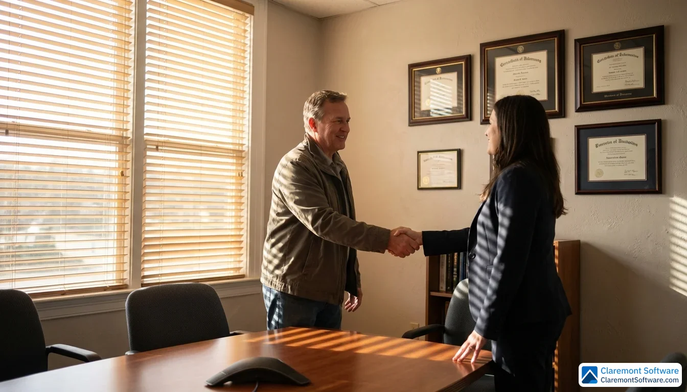A middle-aged client and a suited attorney shake hands across a conference table in warm afternoon light, with soft striped shadows from venetian blinds and framed certificates visible on the wall behind them.