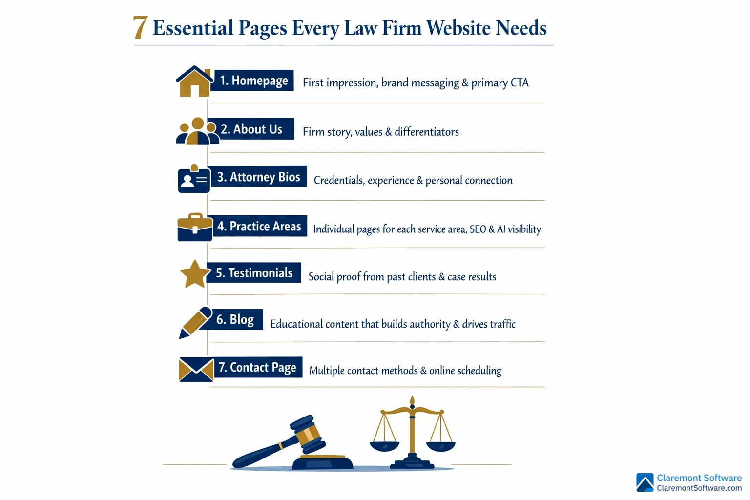 Alt text: A list infographic outlining the seven essential pages every law firm website needs—Home, About, Practice Areas, Attorney Profiles, Contact, Blog, and Testimonials—along with a brief description of each page's primary purpose.