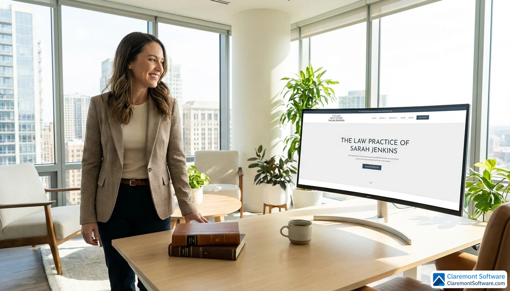 A confident attorney stands slightly off-center in a bright, modern law office, glancing toward a large monitor displaying a sleek website, with natural light illuminating a tidy desk holding law books and a coffee cup.