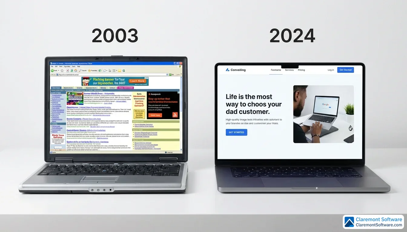 Two laptops sit side by side on a white desk, displaying a stark contrast between websites: the left screen shows a cluttered, text-heavy outdated webpage, while the right screen features a clean, modern site with ample whitespace and a prominent call-to-action button.