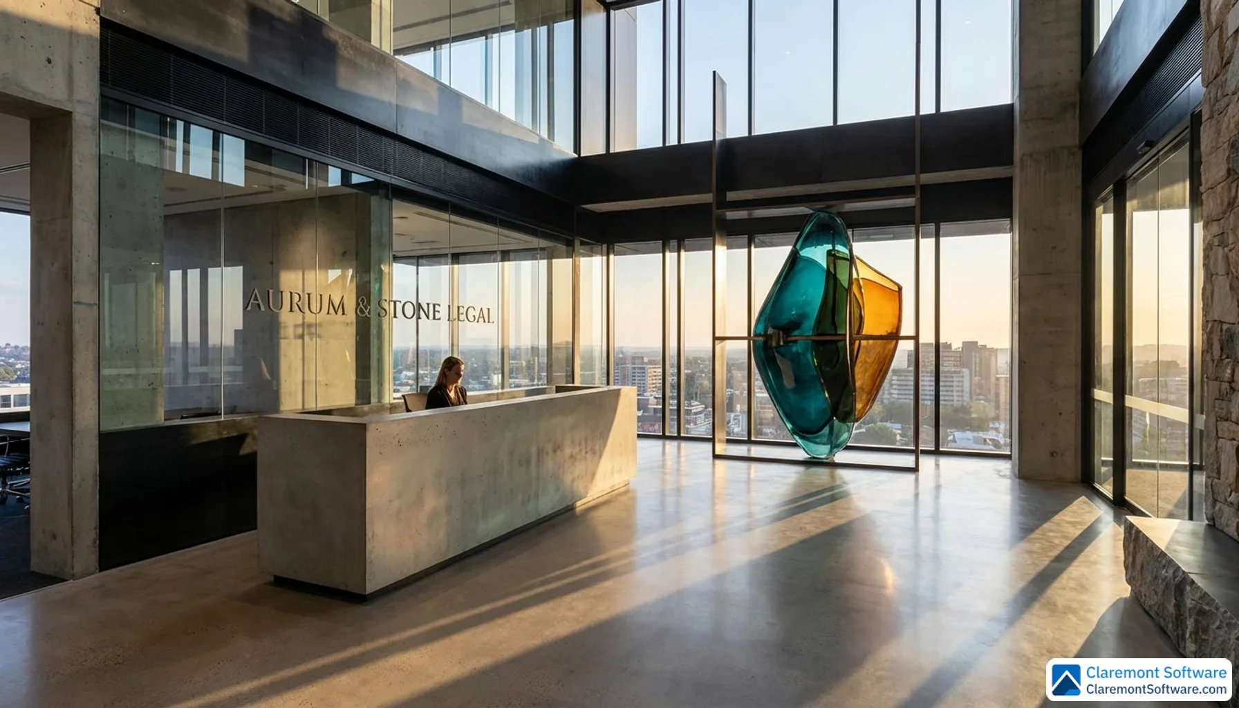 A modern law office reception area shot from a low angle, featuring floor-to-ceiling glass walls, a minimalist concrete desk, and a bold abstract sculpture in deep teal and amber. Late afternoon sunlight casts long diagonal strips across the polished floor, creating a confident, contemporary atmosphere distinct from traditional firm aesthetics.