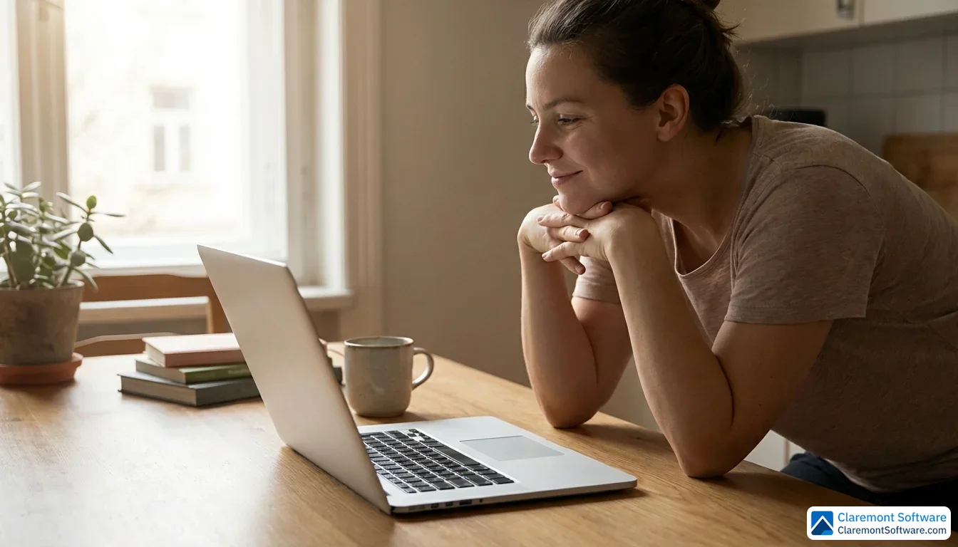 A person sits at a kitchen table, leaning forward attentively toward an open laptop in a softly lit room with natural window light. Their engaged, reassured expression conveys the quiet satisfaction of finding exactly what they needed online.