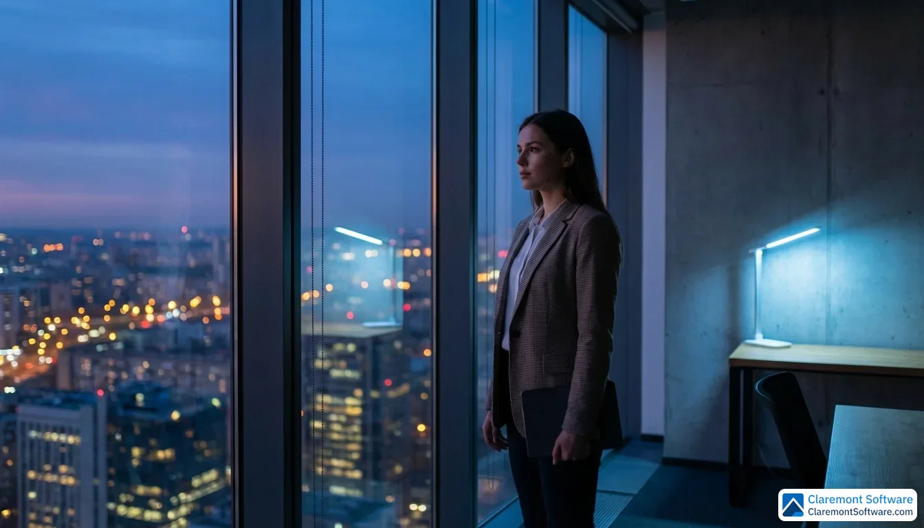 A young professional stands silhouetted against a floor-to-ceiling high-rise window at dusk, gazing thoughtfully at a glowing cityscape below while holding a tablet at their side, with a single cool-toned desk lamp softly illuminating the dark, minimal office interior behind them.