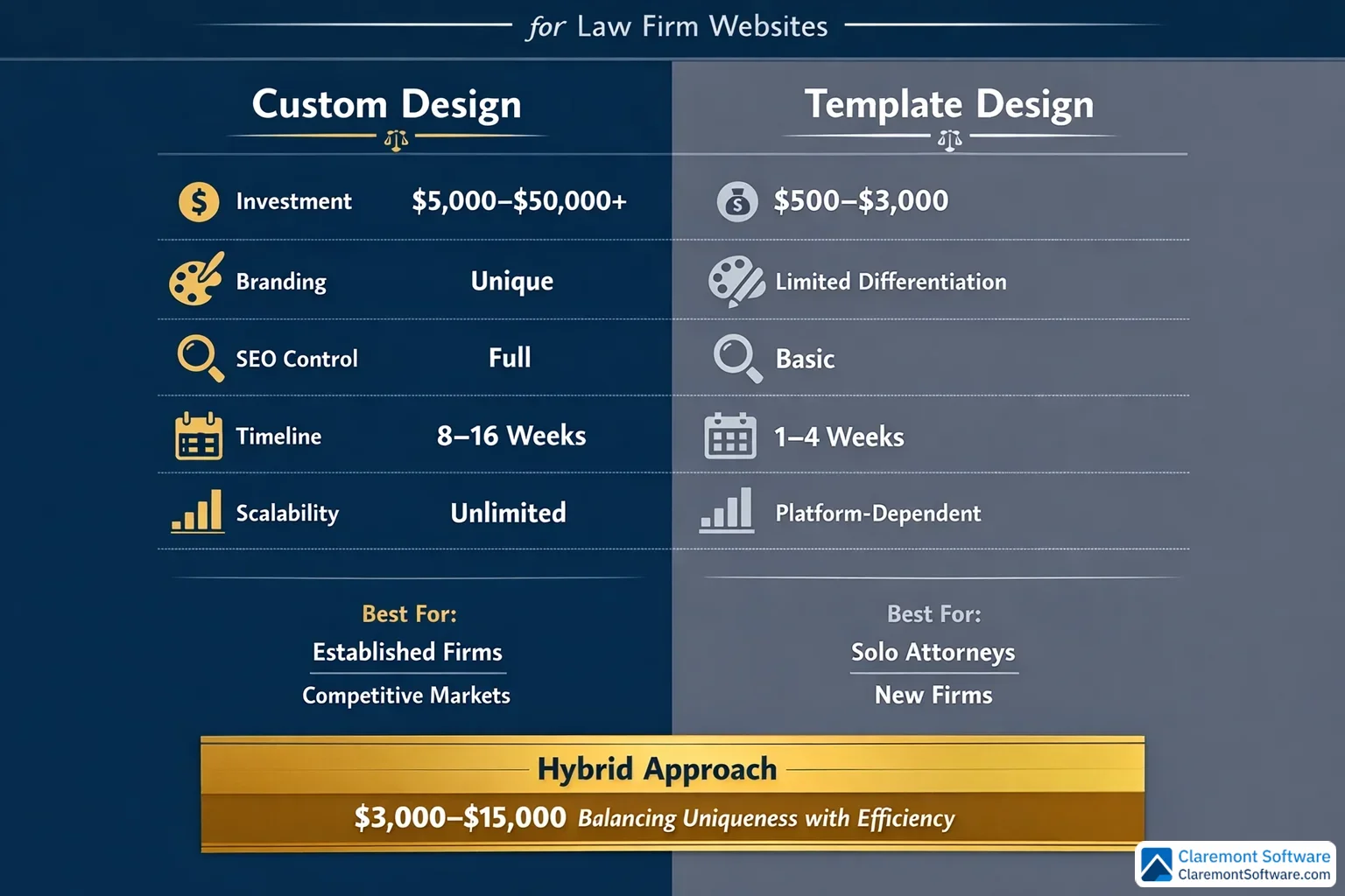 A side-by-side comparison infographic contrasting custom law firm website design with template-based design, highlighting key differences in features, benefits, and drawbacks to illustrate why top law firms tend to prefer custom-built websites over pre-made templates.