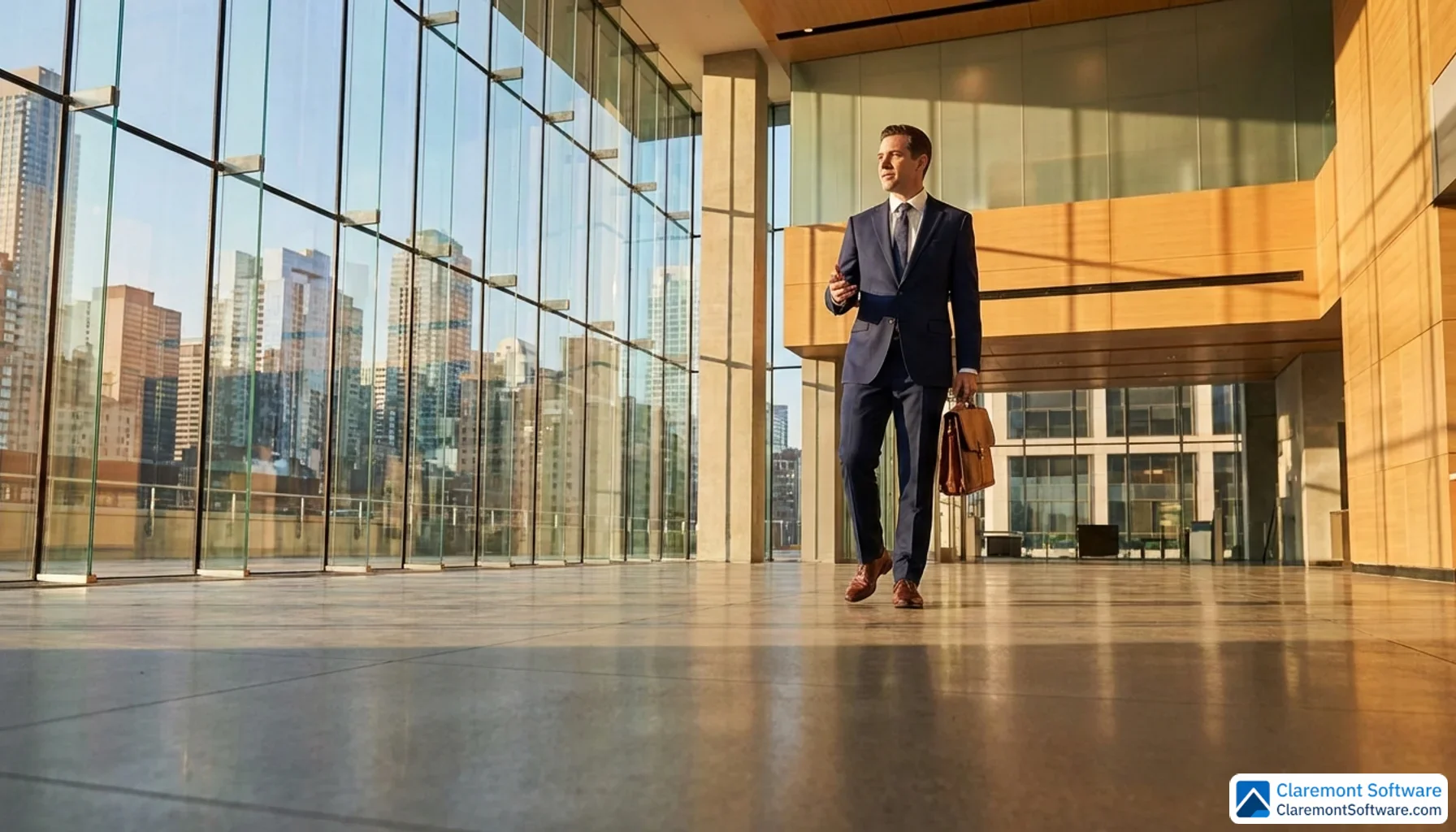 A confident attorney in professional attire stands in a sunlit modern office lobby, with floor-to-ceiling windows reflecting a city skyline behind them and warm afternoon light casting long shadows across polished concrete floors.