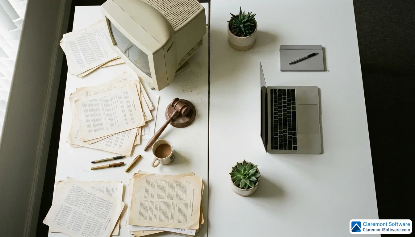 Two office desks photographed from a bird's-eye view side by side, contrasting an outdated cluttered workspace with faded papers, a bulky monitor, and a dusty gavel against a clean, modern desk featuring a slim laptop, small succulent, and sleek notepad bathed in soft natural window light.