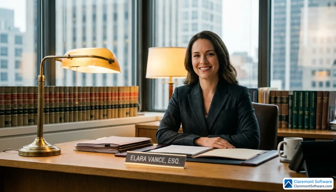 A confident female attorney in a charcoal blazer sits at a wide oak desk in a bright corner office, with bookshelves of legal volumes softly blurred behind her in warm lamplight.