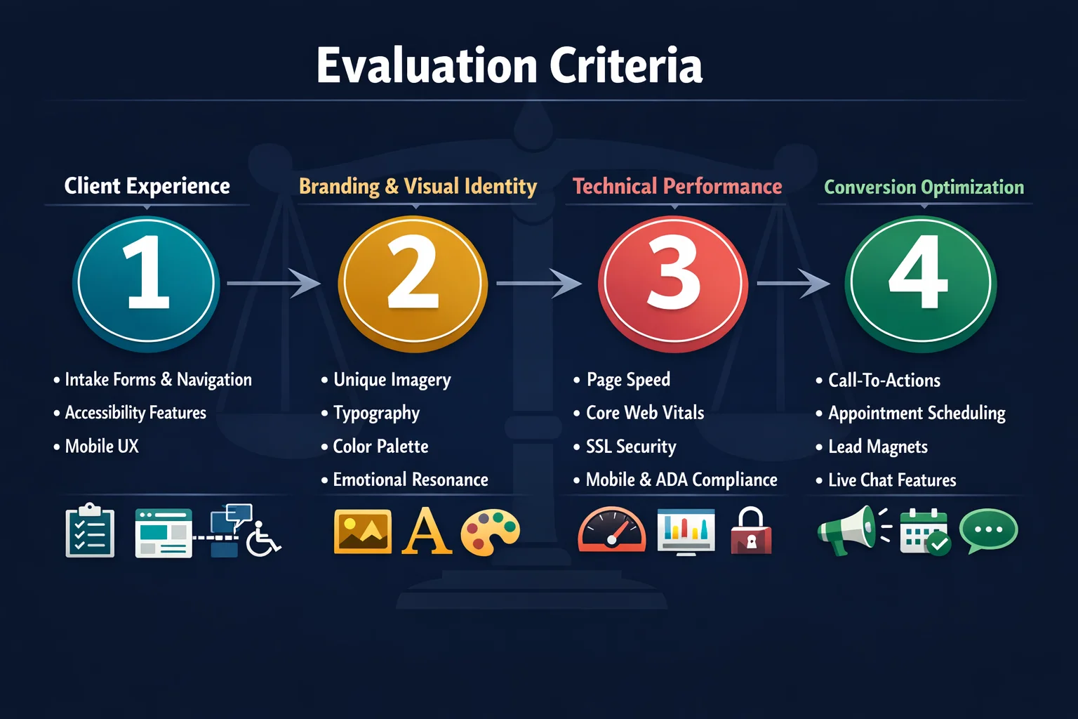 Alt text: A step-by-step process infographic outlining four evaluation criteria used to score the best law firm websites in 2026, with each criterion displayed as a sequential step in the assessment methodology.