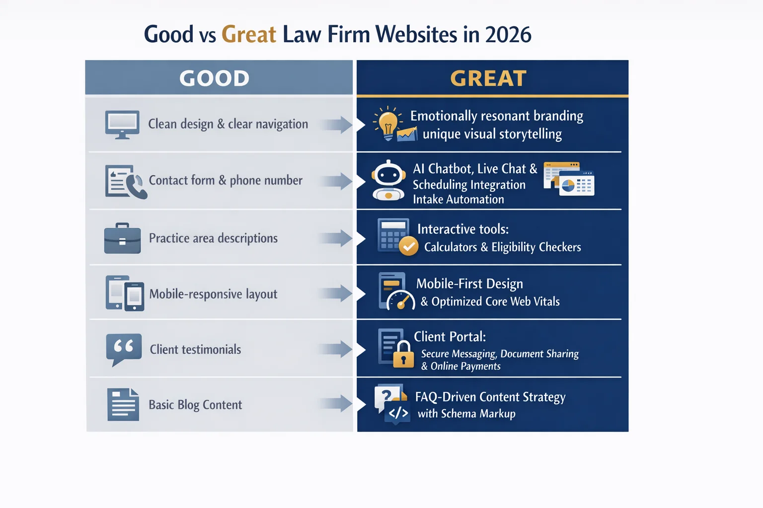 A side-by-side comparison chart contrasting "Good" versus "Great" law firm website features in 2026, highlighting key differences in design, functionality, and client experience that distinguish top-performing legal websites from merely adequate ones.