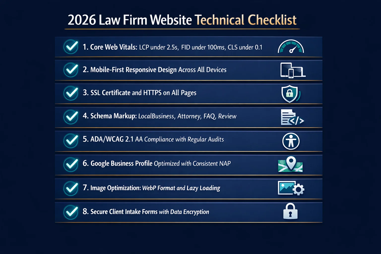 Alt text: A checklist-style infographic titled "The Technical Foundation: Speed, SEO, and Accessibility" outlining key technical SEO and performance best practices for law firm websites in 2026, including items related to site speed optimization, search engine visibility, and web accessibility compliance.