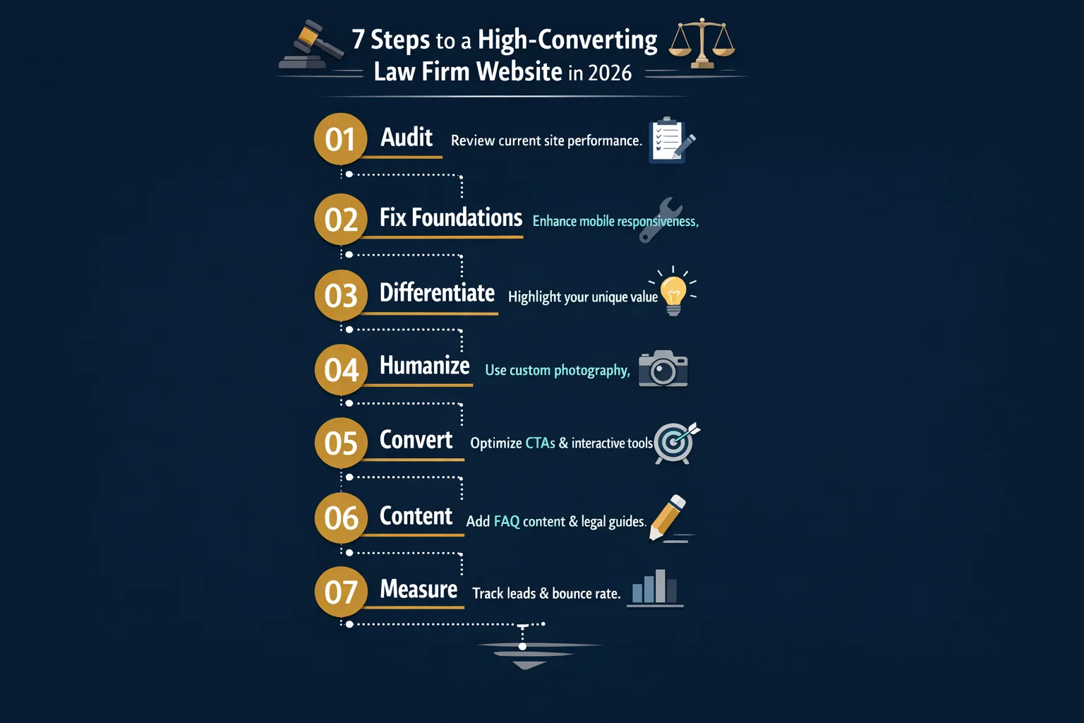 A step-by-step process infographic outlining actionable takeaways for improving a law firm website based on 2026 best practices, guiding readers through sequential stages from initial assessment to implementation of modern design, SEO, and client engagement strategies. Each step is visually connected in a linear flow with numbered actions and brief descriptions.
