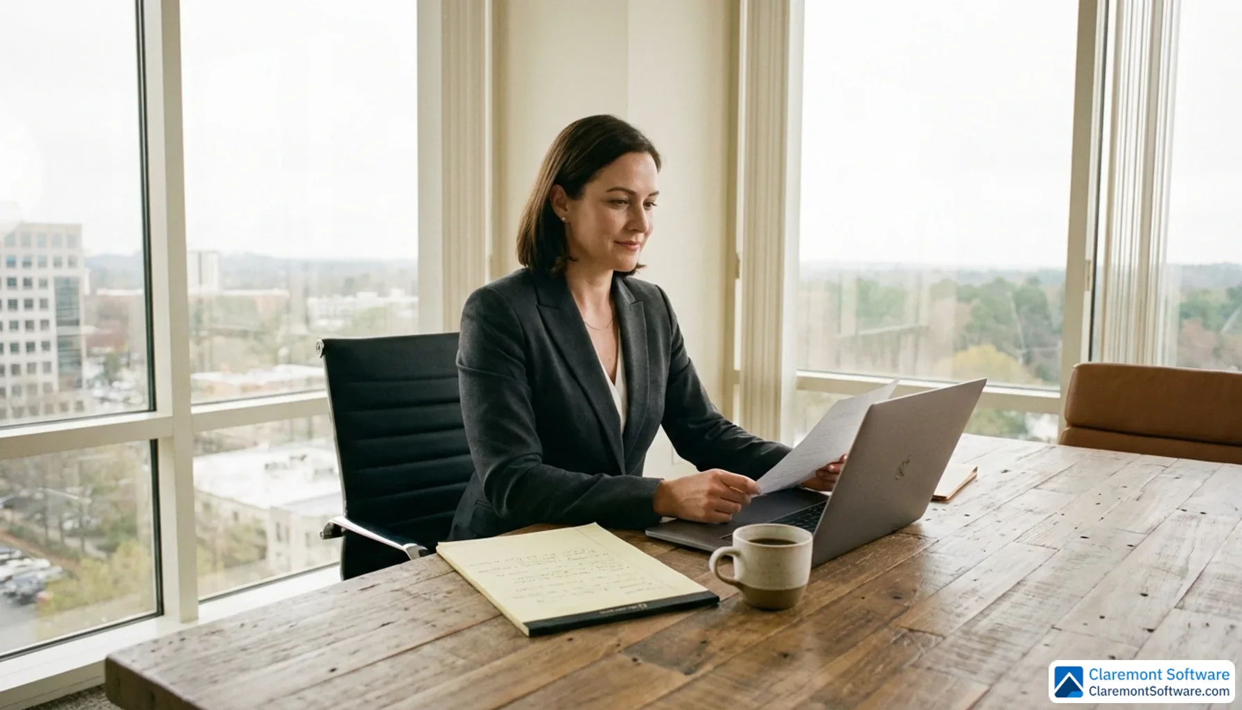 A lawyer sits at a large wooden desk reviewing a laptop in a sunlit office with floor-to-ceiling windows, surrounded by a legal notepad and coffee cup in a calm, professional workspace with neutral charcoal, cream, and warm wood tones.