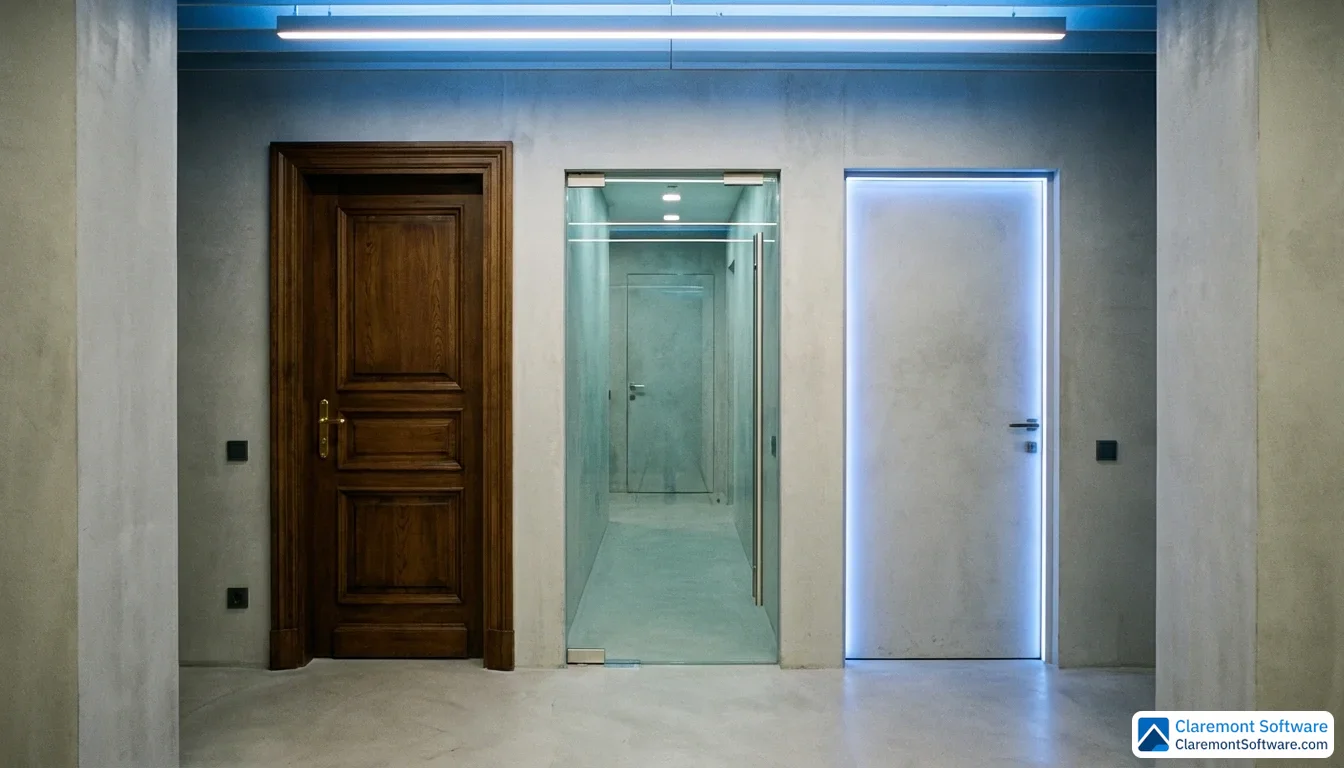 A symmetrical modern office hallway featuring three distinct doorways side by side — a heavy traditional door, a sleek glass-paneled door, and one with a subtle glowing backlit edge — bathed in cool blue-tinted overhead lighting.