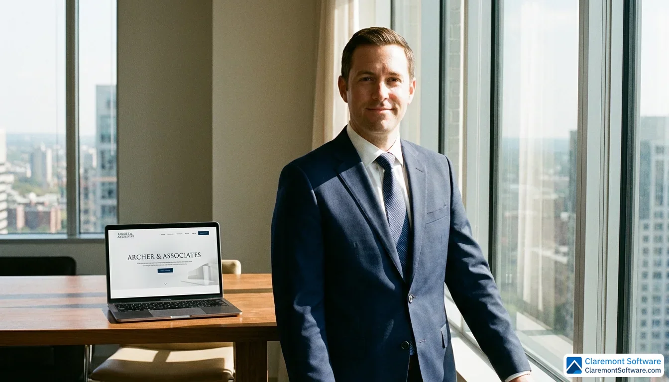 A confident attorney in a navy suit stands near a sunlit office window, with a laptop displaying a clean website homepage visible on the desk behind them.